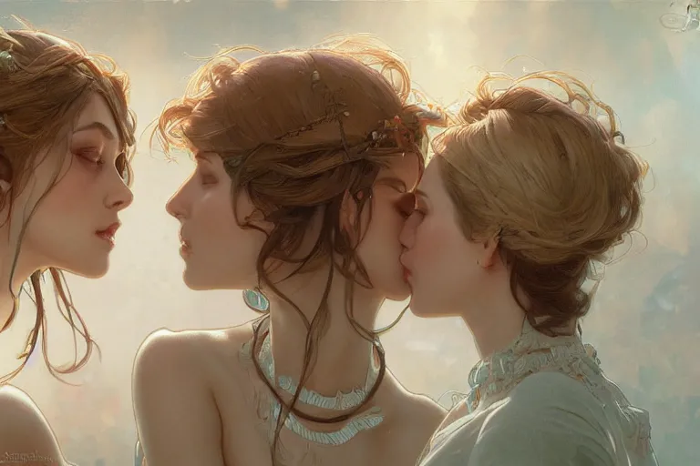 Prompt: Ultra realistic illustration, two women kissing a, intricate, elegant, highly detailed, digital painting, artstation, concept art, smooth, sharp focus, illustration, art by artgerm and greg rutkowski and alphonse mucha