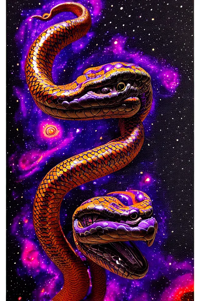 Prompt: a close up portrait of a purple ornate serpent spirit head statue, orange eyes, black paper, galaxy, nebula, billions of details, beautiful intricate painting by kokaris