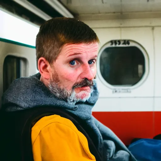 Image similar to a very very confused and scared man riding a suburban train for the first time, 8 5 mm photograph