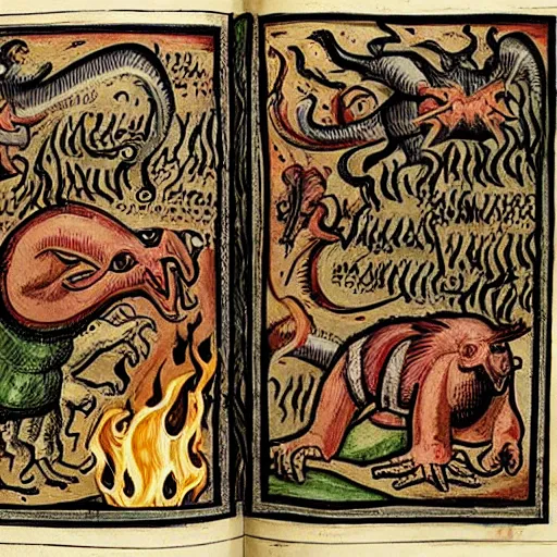 Prompt: medieval bestiary of repressed emotion monsters and creatures starting a fiery revolution in the psyche, in the style of Carlos Victor Ochagavia