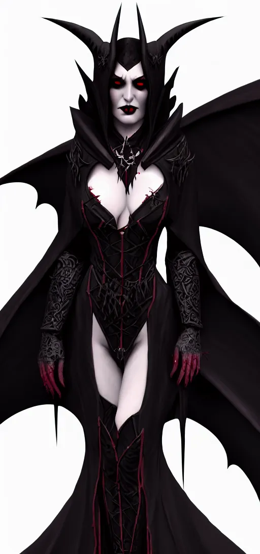 Prompt: close up painting a beautiful vampire queen in gothic robes with bat wings, elegant, highly detailed, artstation, blizzard concept art
