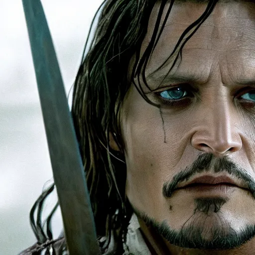 Image similar to symmetry!! photography of johnny depp starring in the lord of the rings as aragorn wielding a sword, detailed - face!!, full - body - picture, wide - angle!!, cinematic, intricate, elegant, highly detailed, film still, nikon, canon eos, zeiss lens, dramatic lighting, sharp - focus!!, photography!!