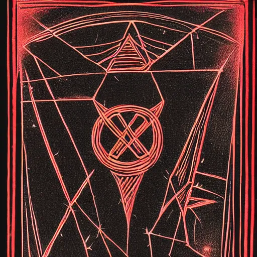 Image similar to tarot card on black paper of intricate red illustration of runes