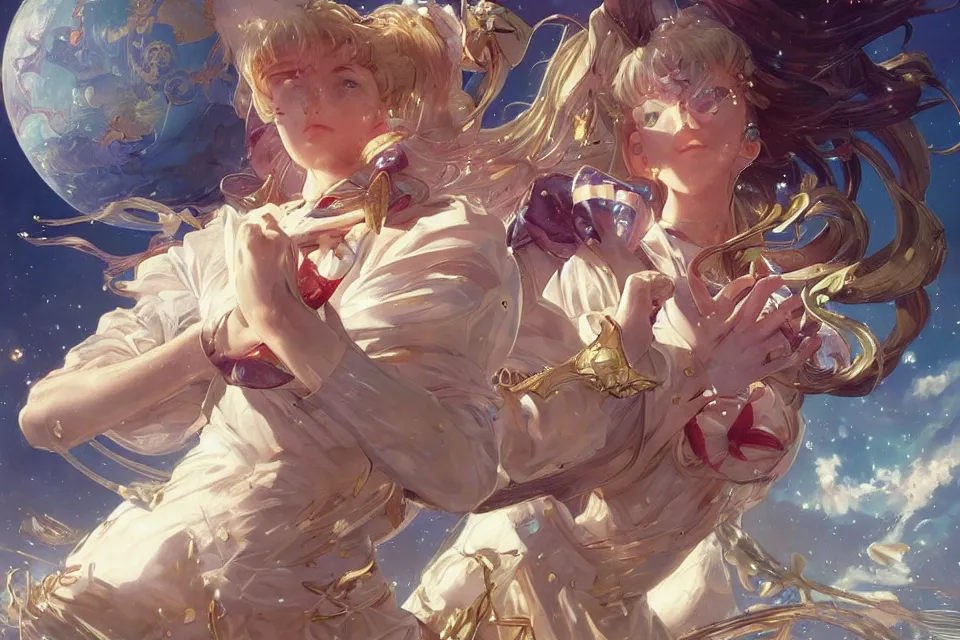 Image similar to ultra realistic illustration, full body sailor moon food fight, sci - fi, fantasy, intricate, elegant, highly detailed, digital painting, artstation, concept art, smooth, sharp focus, illustration, art by artgerm and greg rutkowski and alphonse mucha