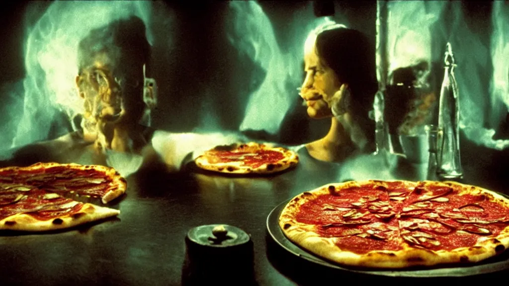 Prompt: glowing oil, on a pizza, film still from the movie directed by denis villeneuve and david cronenberg with art direction by salvador dali and dr. seuss