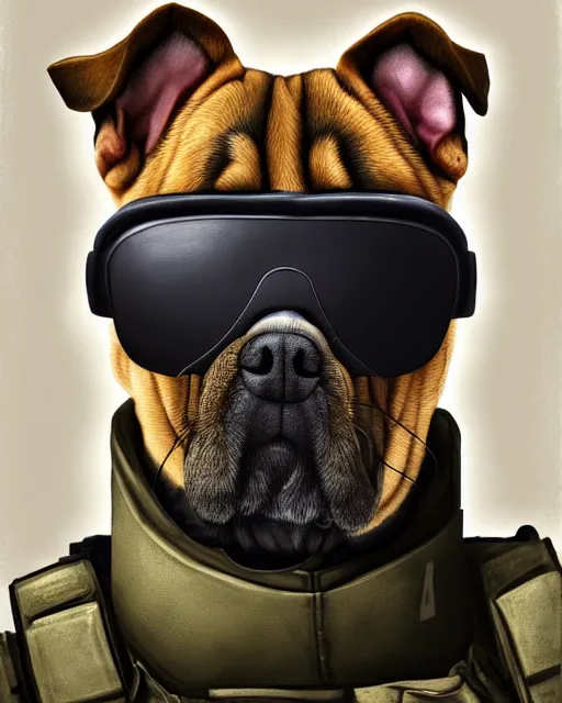 Prompt: portrait cute dog as csgo character, hyperrealism, specops, dramatic light, digital painting, concept art, brutal, armory, sad mood, classic sunglasses, scar, balaklava