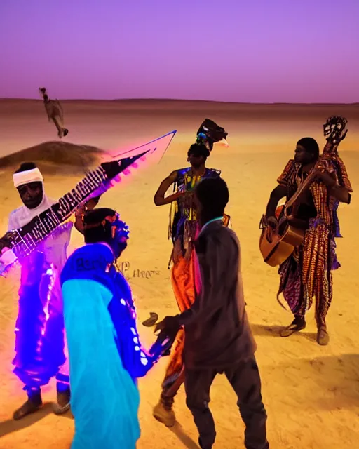 Image similar to Sahel Tuareg musicians dance party opens a fourth dimensional geometric laser neon portal to the north pole, aurora borealis emanates with opalescent light, surrealism, neo-romanticism, rule of thirds