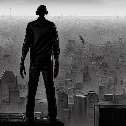 Image similar to barrack obama looking over a post apocalyptic Los Angeles, highly detailed, black and gray, red, smooth focus, sharp, artstation