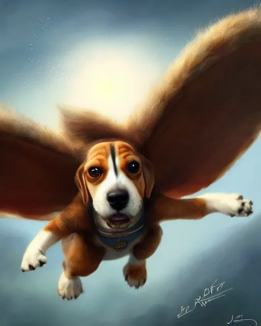 Image similar to cute flying beagle, cinematic, stunning, adorable, highly detailed fur, digital painting, artstation, smooth, hard focus, illustration, art by jessica rossier and and brian froud