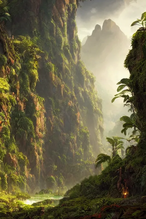 Image similar to the lost valley, rock arcs, lush vegetation, exotic forrest and plants, landscape, alex ross, eddie mendoza, raphael lacoste, sebastian ludke, concept art, matte painting, highly detailed, rule of thirds, dynamic lighting, cinematic, detailed, magnificiant landscape, denoised, centerd