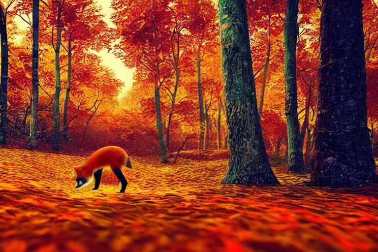 Image similar to super detailed color lowpoly art, red fox in an autumn maple forest, unreal engine, retrowave color palette, 3 d render, lowpoly, colorful, digital art, perspective