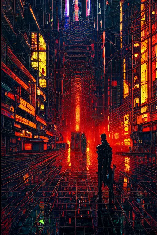 Image similar to beautiful cyberpunk oil painting, perfect lighting. professional design, intricate complexity, by dan mumford and by alberto giacometti, peter lindbergh, malevich, william stout