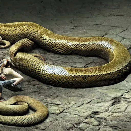 Prompt: huge snake in the grave squeezing a body, realistic