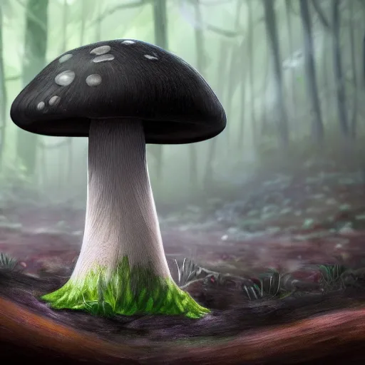 Prompt: photorealistic mushroom creature with big black shiny eyes, lurking in the forest, 8k, digital art, trending on art station