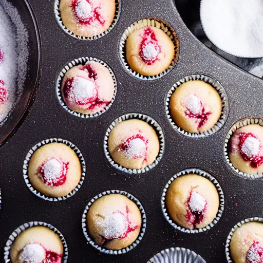 Image similar to vanilla raspberry muffins with powdered sugar, bokeh