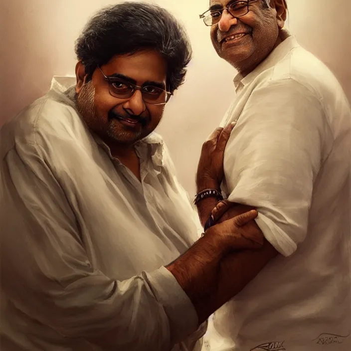 Prompt: portrait of tall indian man hugging danny devito, elegant, real life skin, intricate artwork, high detailed, artstation, concept art, smooth, sharp focus, art by artgerm and greg rutkowski