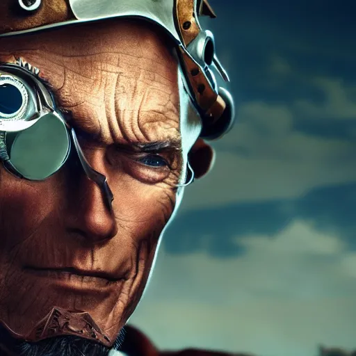 Prompt: clint eastwood steampunk cyborg, fantasy, sharp focus, contemporary fashion shoot, by edward robert hughes, annie leibovitz and steve mccurry, david lazar, jimmy nelsson, extremely detailed, hyperrealistic, perfect face, octane render