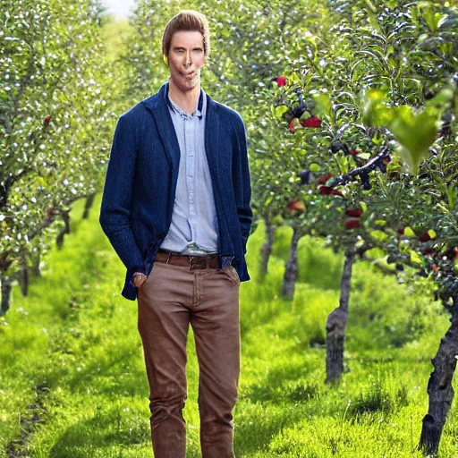 Image similar to portrait of a tall elven man, standing in an apple orchard, dressed well, very handsome