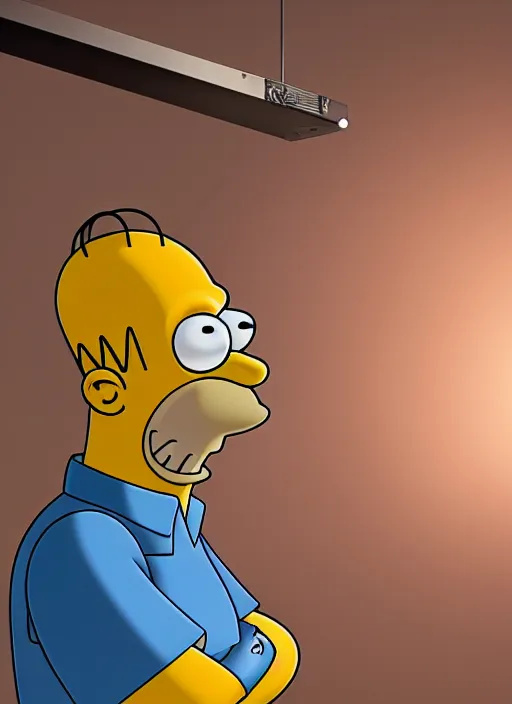 Image similar to Homer Simpson, sharp focus, illustation, stunning lighting, realistic character concept, light atmosphere, golden ration, cinematic lighting, high resolution, insanely detailed and intricate, art by Hayao Miyazaki, 8k