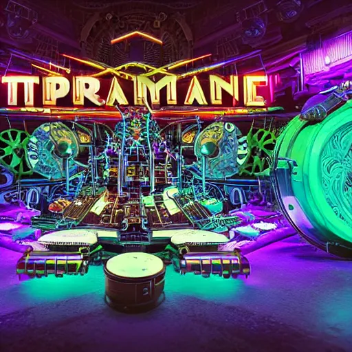 Image similar to cover art, album is called tripmachine, tripmachine, photo of a huge steampunk machinery with guitars and drums and pianos, connected with glowing tubes 8 k, fluorescent colors, halluzinogenic, multicolored, exaggerated detailed, front shot, 3 d render, octane