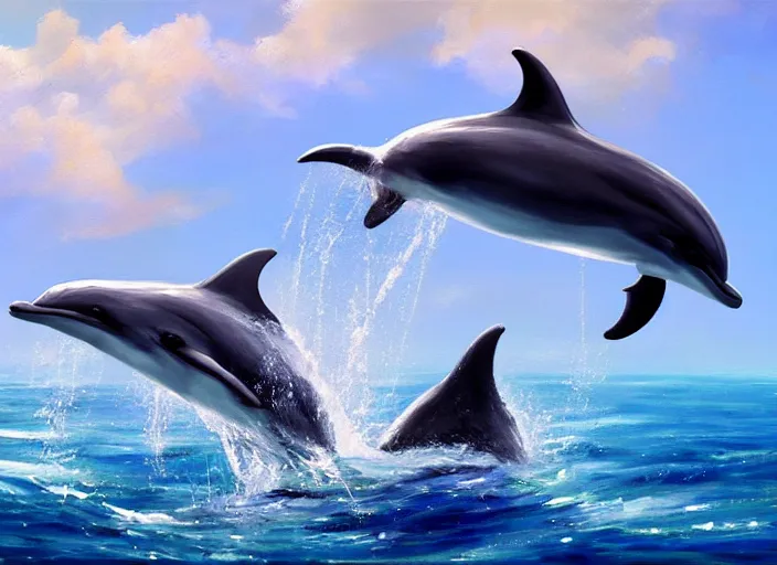 Image similar to dolphin swimming, oil painting by jama jurabaev, extremely detailed, brush hard, artstation, for aaa game, high quality, brush stroke