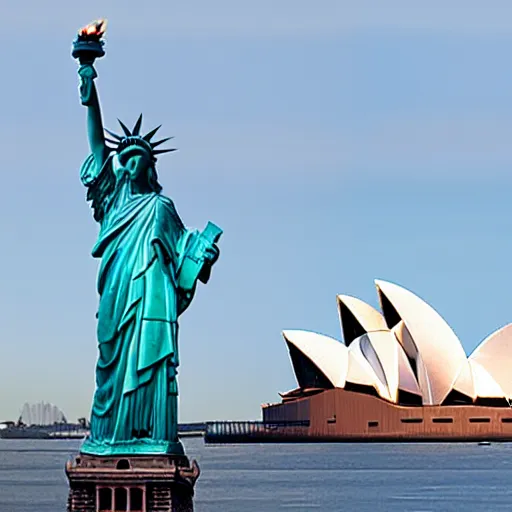 Image similar to a photo of the statue of liberty and the sydney opera house standing next to each other, high quality, 4 k, handheld, photorealistic