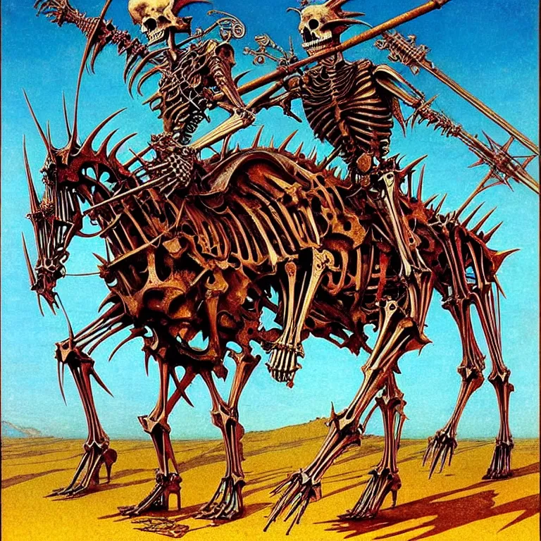 Prompt: Colorful, vibrant. A spiked detailed horse skeleton with armored joints stands with halberd in hand. Massive shoulderplates. Extremely high details, realistic, fantasy art, solo, masterpiece, bones, ripped flesh, art by Zdzisław Beksiński, Arthur Rackham, Dariusz Zawadzki, Harry Clarke