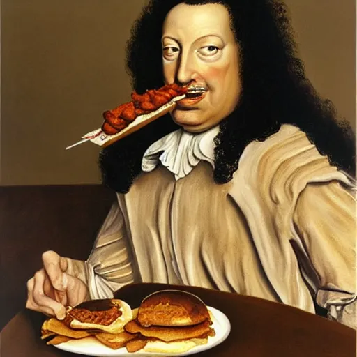 Prompt: painting portrait of louis xiv eating hamburger by lucian freud and bob bottin and reubens