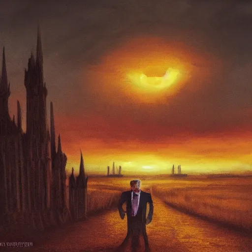 Prompt: trump at mar-a-lago, gothic wasteland, desolate, apocalyptic sunset, fading light, yellow and orange tint, painting