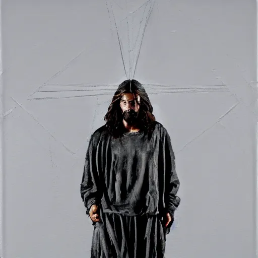 Image similar to a full body portrait of modern day jesus wearing yeezus streetwear hoodie and pants by nicola samori, oil painting, realistic, 8 k, adidas style