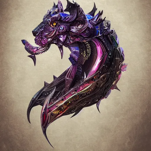 Prompt: metallic chimera portrait, d & d style, trending on artstation, colorful, intricate, art by kev chan