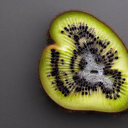 Image similar to a kiwi bird cut in half to reveal a kiwi fruit inside