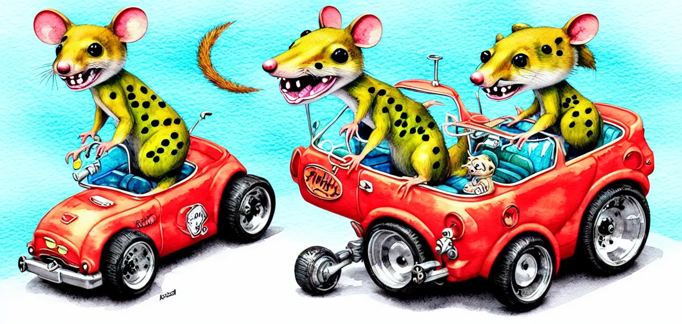 Prompt: cute and funny, quoll riding in a tiny hot rod with oversized engine, ratfink style by ed roth, centered award winning watercolor pen illustration, isometric illustration by chihiro iwasaki, edited by range murata, tiny details by artgerm and watercolor girl, symmetrically isometrically centered