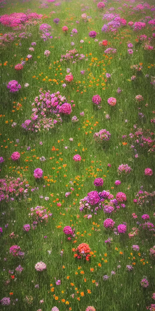 Image similar to an aesthetic field of flowers, greg rutkowski, zabrocki, karlkka, jayison devadas, trending on artstation, 8 k, ultra wide angle, zenith view, pincushion lens effect