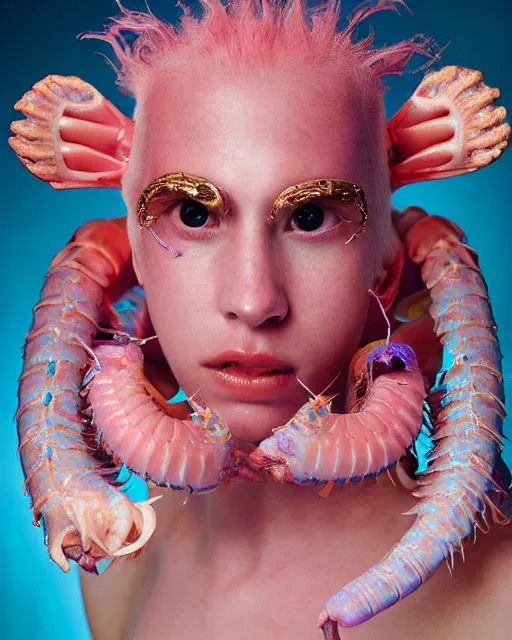 Prompt: natural light, soft focus portrait of a cyberpunk anthropomorphic shrimp with soft synthetic pink skin, blue bioluminescent plastics, smooth shiny metal, elaborate ornate head piece, piercings, skin textures, by annie leibovitz, paul lehr