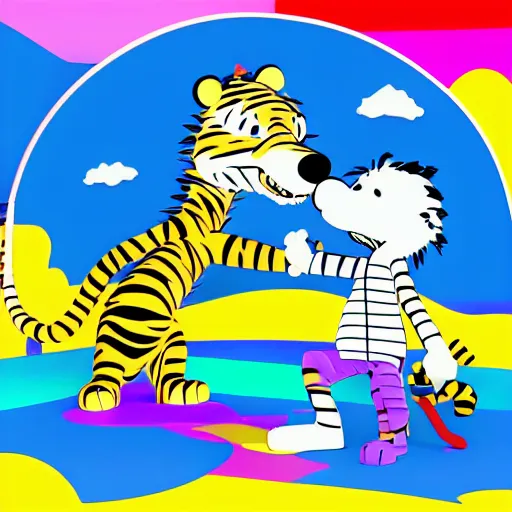 Image similar to calvin and hobbes, lisa frank style, 3 d render