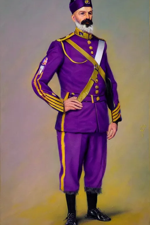 Image similar to full body portrait of the dictator of the sacramento kings, 1 8 8 9, in full military garb, purple, silver, oil on canvas by william sidney mount, trending on artstation