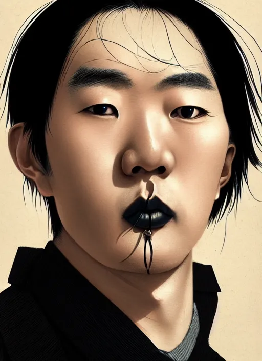 Prompt: portrait of a japanese man with a crooked nose and a confident expression, 1 9 6 0 s, black clothes, goth, punk, brightly coloured hair, funk, intricate, elegant, highly detailed, digital painting, artstation, concept art, smooth, sharp focus, illustration, art by wlop, mars ravelo and greg rutkowski