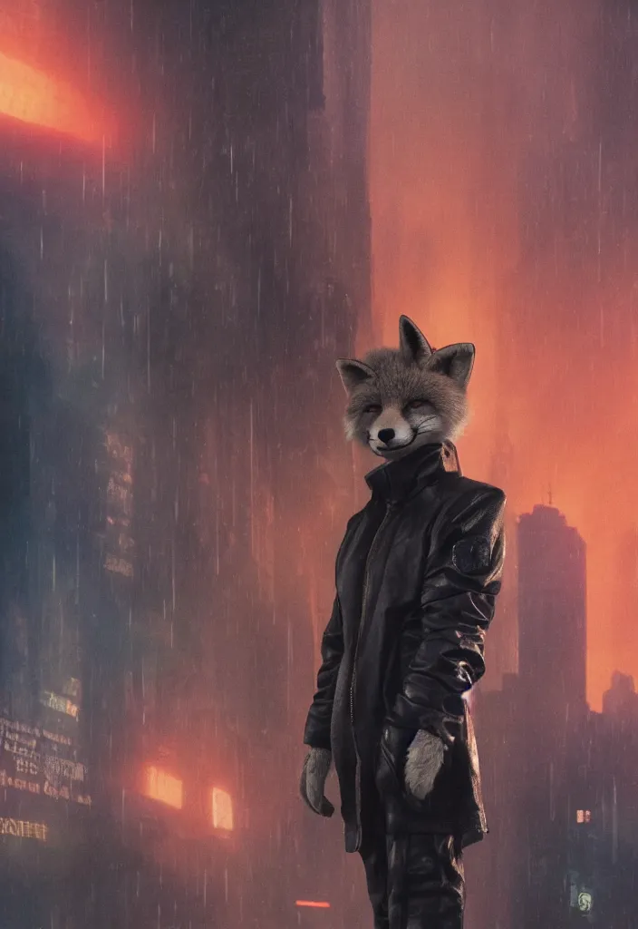 Image similar to anthro fox furry in Blade Runner: 2049, wearing a leather uniform, city streets, fursona, anthropomorphic, furry fandom, film still