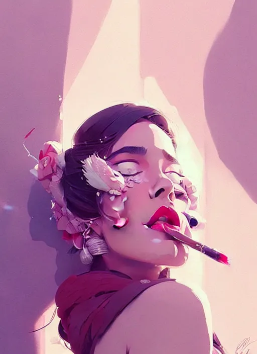 Prompt: highly detailed graffiti of a beautiful woman with a beutiful make up, by atey ghailan, by greg rutkowski, by greg tocchini, by james gilleard, by joe fenton, by kaethe butcher, pink, celeste, cream and white color scheme, award winning details, trending on instagram