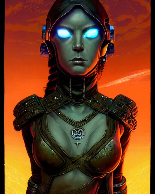 Image similar to a fed up cyber astro goddess like from skyrim and elden ring and grand theft auto and overwatch, character portrait, portrait, close up, concept art, intricate details, extremely detailed, realistic vintage sci - fi poster, in the style of chris foss, rodger dean, moebius, michael whelan, lumi, and gustave dore, bright deep color, wide angle,