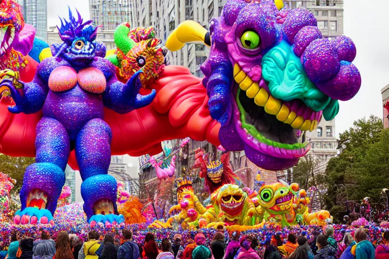 Prompt: photo of giant colorful beautiful elaborate parade float monster creature designed by lisa frank and geof darrow, in the macys parade, detailed 4 k photo, gigapixel, hyperdetailed