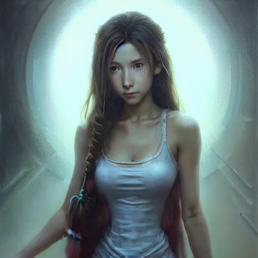 Prompt: Beautiful stunning portrait of Aerith Gainsborough by Greg Rutkowski. Aerith is hiding from a Shinra robot in the Reactor Core by Mark Arian. The Reactor Core is dark and stark and industrial by H.R. Giger. soft render, octane, intricate painting by Moebius. artstation Blank Canvas Scene by Tetsuya Nomura.