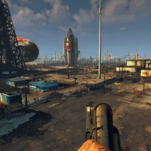 Image similar to Cape Canaveral post-nuclear war in Fallout 4, in game screenshot