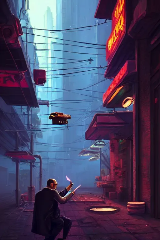 Image similar to A mafia boss lighting a cigar in a cyberpunk setting, by Evgeny Lushpin, dramatic lighting, high contrast colours, as trending on Artstation, highly detailed,