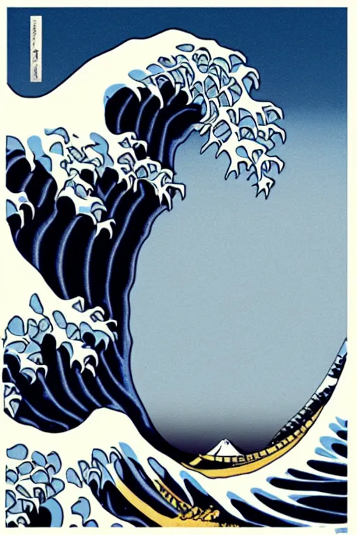 Image similar to Patrick Nagel Poster of The Great Wave off Kanagawa, White Moon in the background, art by artgerm
