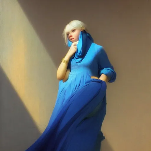 Image similar to a young woman's face, her hair is white and she wears an cobalt blue satin cloak, by ivan aivazovsky and syd mead and moebius and gaston bussiere and roger dean and pieter claesz and paul delaroche and alma tadema and aelbert cuyp and willam claesz, hyperrealistic, volumetric light, octane render