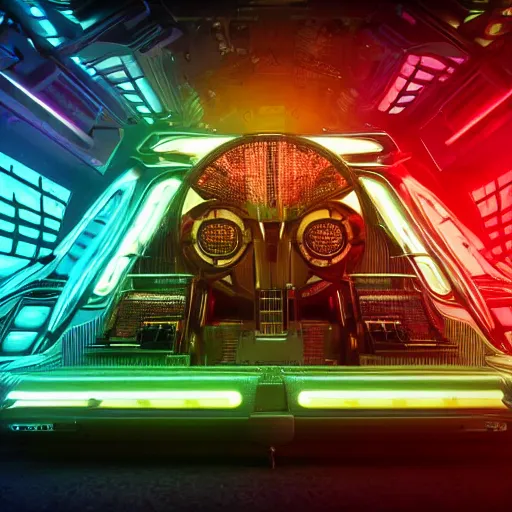 Image similar to album cover, album is called tripmachine, photo of a huge futuristic steampunk machine, made of guitars and drums and pianos, glowing monitors, connected with glowing tubes 8 k, fluorescent colors, halluzinogenic, multicolored, exaggerated detailed, front shot, 3 d render, octane
