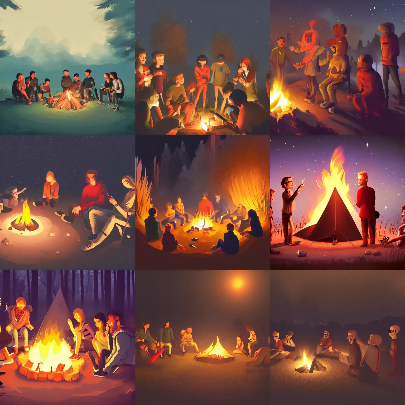 Prompt: lonely people gathered around a camp fire, at night, artstation