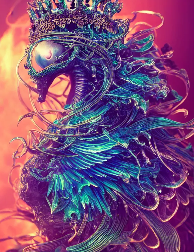 Image similar to goddess phoenix macro close - up portrait with crown made of ram skull. phoenix, betta fish, jellyfish, bioluminiscent, plasma, wind, creature, super intricate ornaments artwork by tooth wu and wlop and beeple and greg rutkowski